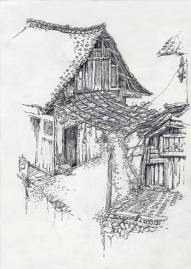 {湘西苗寨}--风景写生速写_伢仔呀-站酷zcool