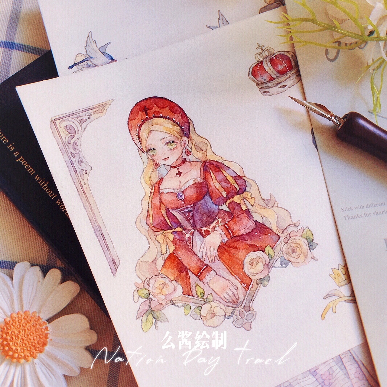 原创作品插画商业插画少女手帐包装水彩绘画手绘原创小清新纸胶带