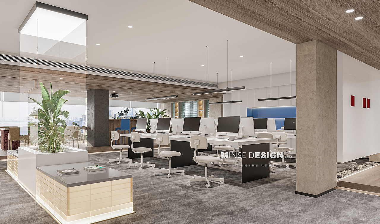 重置空间的流线,成为设计的第一步,开敞式办公区域与会议室多功能休闲区结合,同享南面全景落地窗带来的充裕采光. / Resetting the circulation of the space became the first step of the design, combining the open office area with the multi-functional leisure area of the conference room, enjoying the abundant light brought by the panoramic French Windows on the south side.