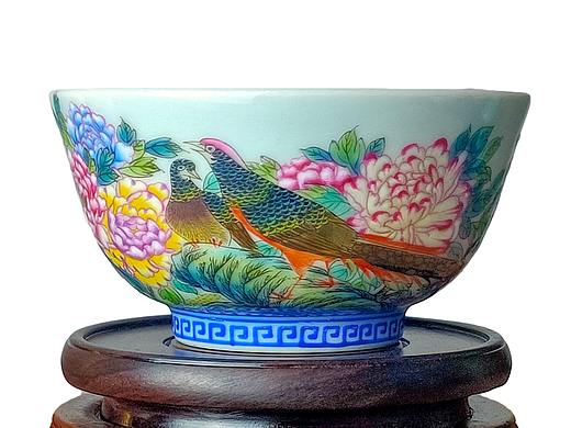 锦峰堂景德镇手绘粉彩花鸟杯