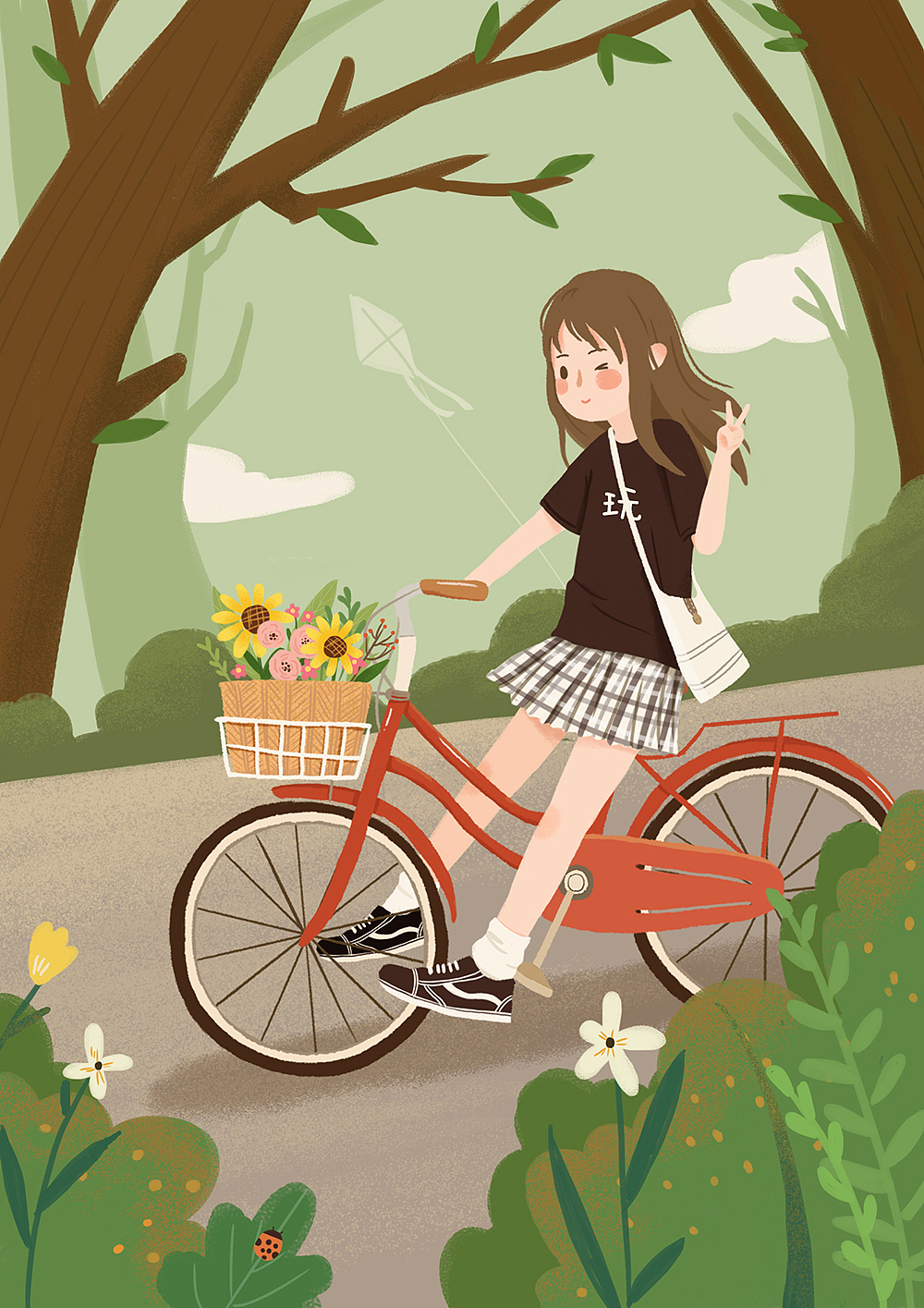 骑自行车兜风的29岁少女手绘插画