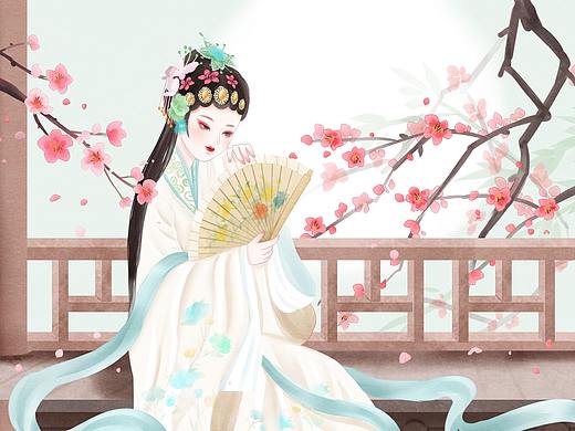 桃花扇题画女子柔媚定情诗扇栏杆头饰