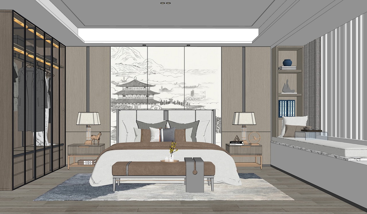新中式卧室空间su模型下载
