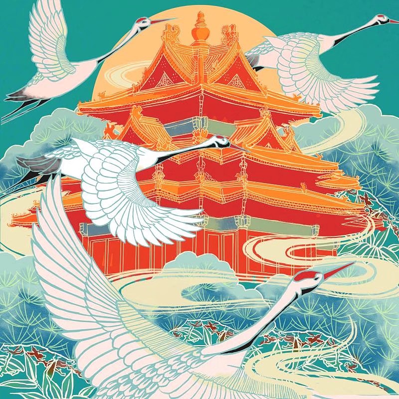 国风插画练习|角楼松柏与鹤