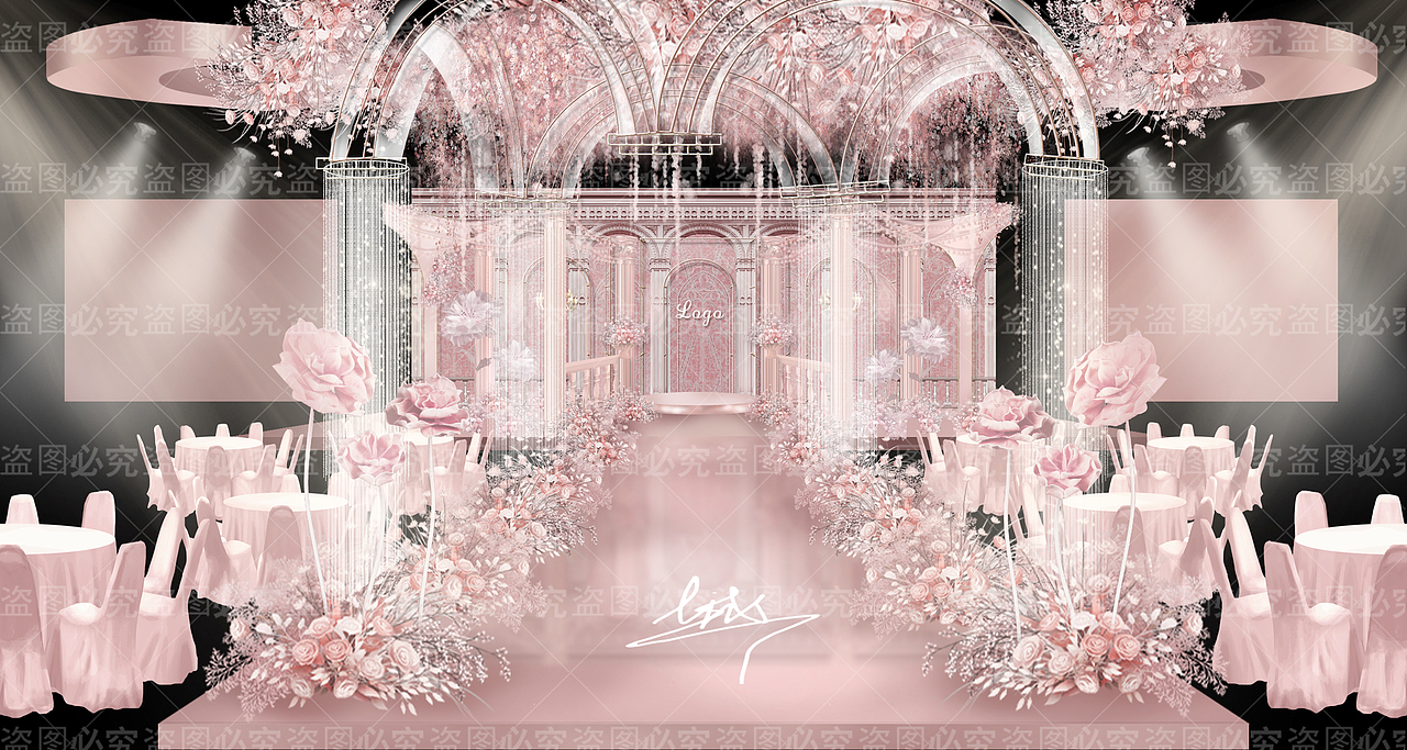 梦幻粉色婚礼效果图手绘