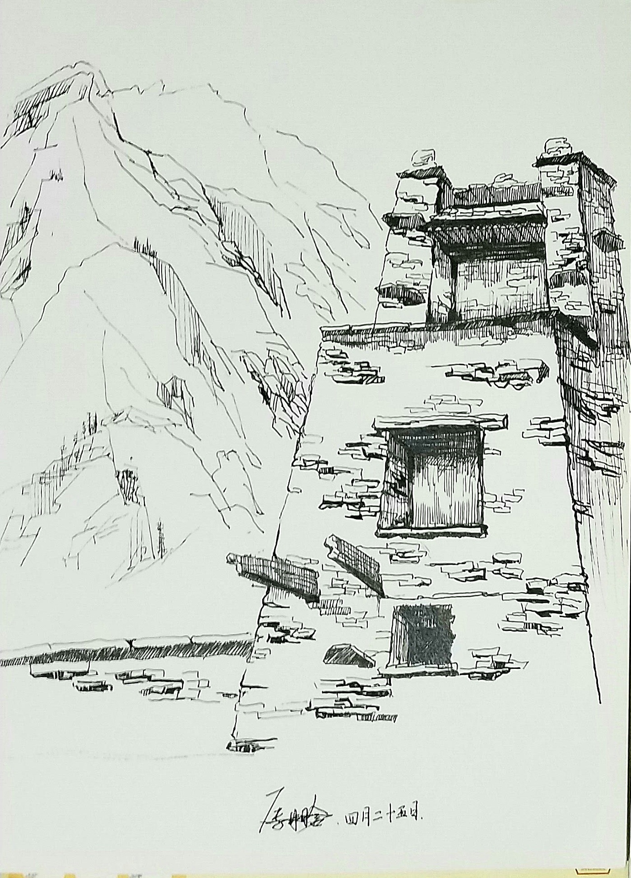 羌族碉楼 手绘图片