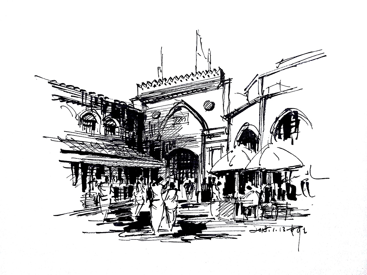 速写钢笔画阿王风景建筑速写