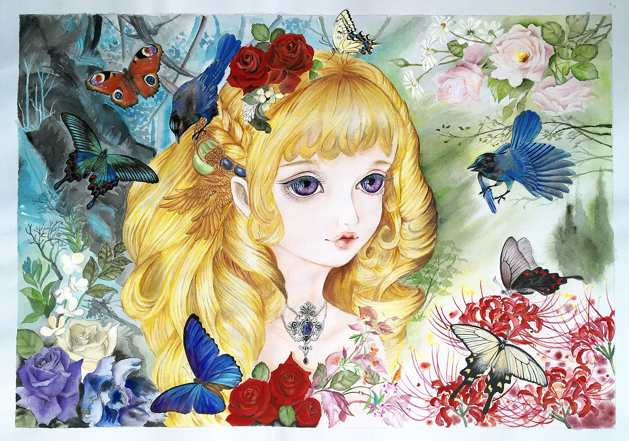 水彩插画-金发花仙子