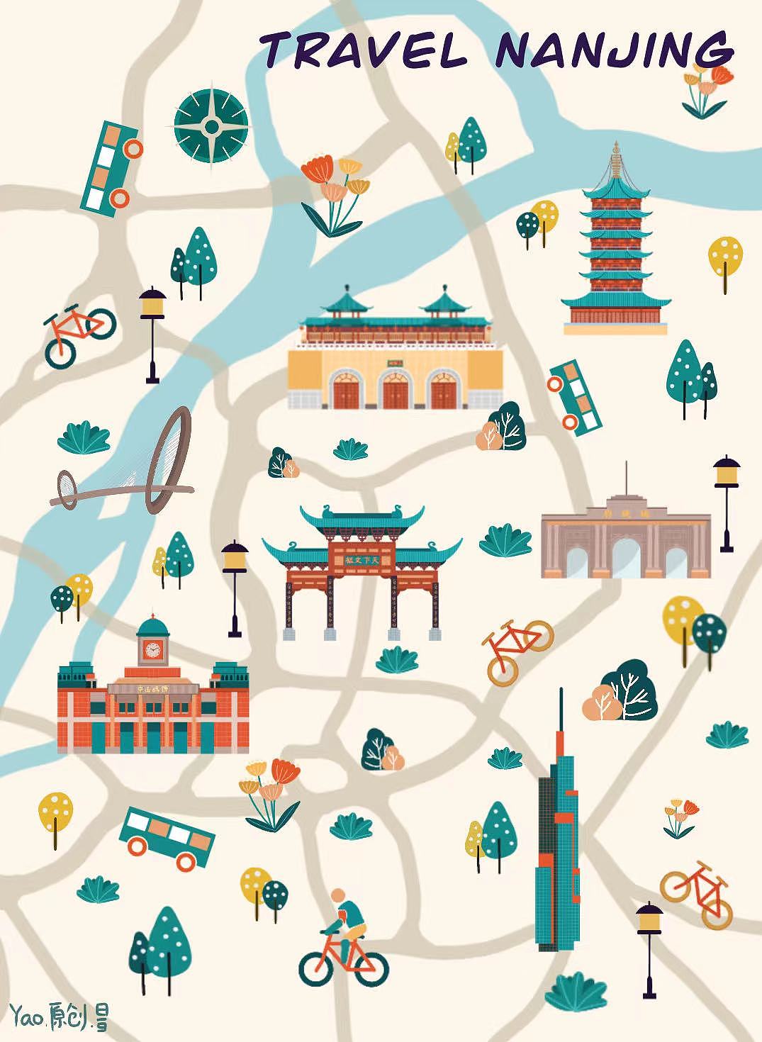 手绘扁平风  南京地图