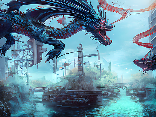 #站酷梦笔#鱼跃龙门，赛博朋克（个人主页-ZNjM2MDkzMjQ=） - AI作品 - 站酷设计师疯狂的兔纸原创素材 - 站酷ZCOOL