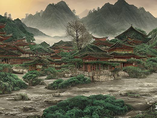 #AI创作实验室#山川河流，世外桃源，林中小屋