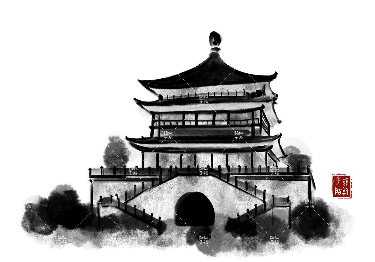 西安城市旅游建筑景点水墨素材