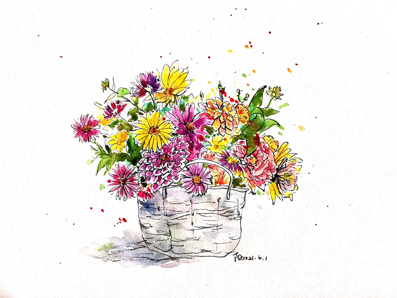钢笔淡彩花篮