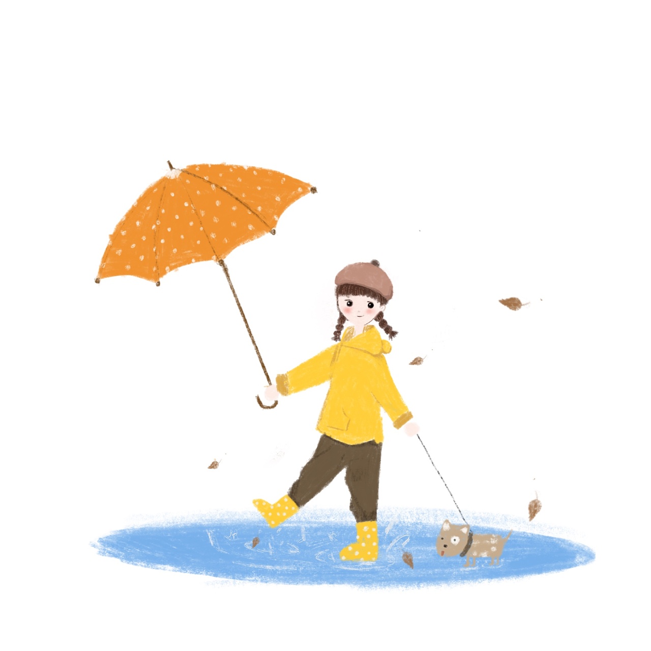 蓝色系卡通手绘风夏景下雨撑伞女孩配图插画图片-千库网