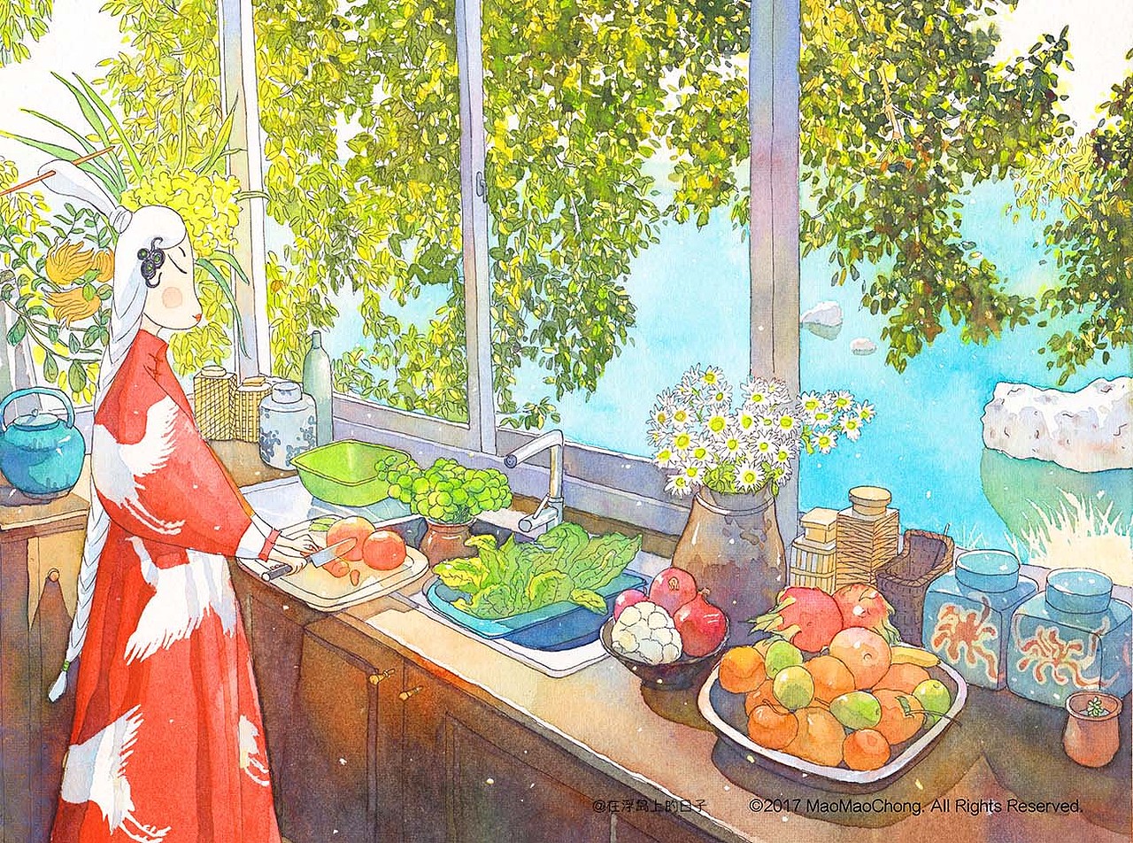 新鲜时蔬,鲜甜瓜果,刚刚采摘的花还沾着露,阳光点点在树缝里发光,空气里是满满熨帖的味道,慢悠悠准备着早餐。怪物圈里最美的怪物在这烟火人间~好吧你该猜到我画的是谁~