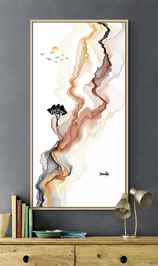 新中式水墨画线条山水玄关背景墙抽象装饰画