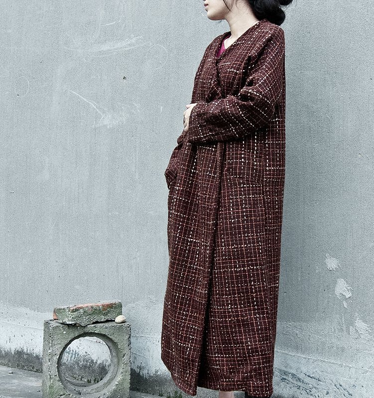 毛呢开衫外套 棉衣棉服红棕色格子