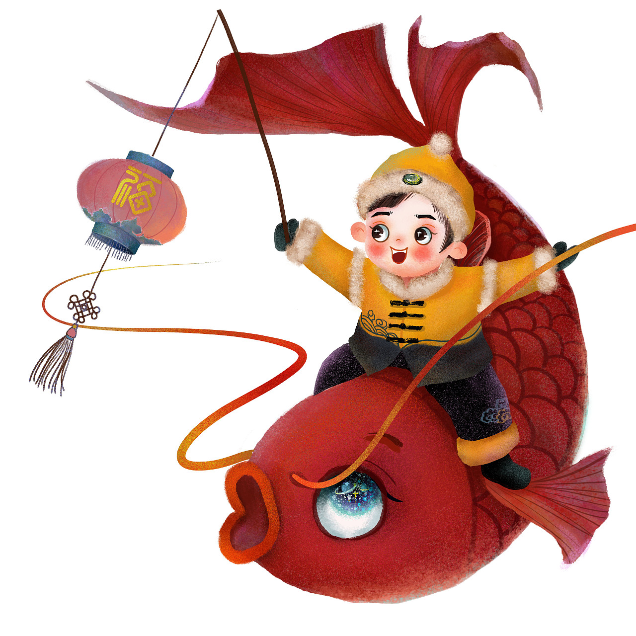 福娃骑鱼拿灯笼|插画|儿童插画|虹萱 - 原创作品 - 站酷 (zcool)