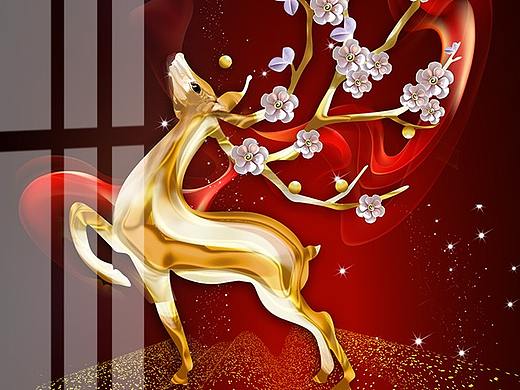 现代简约红色丝带发财树麋鹿客厅玄关背景墙