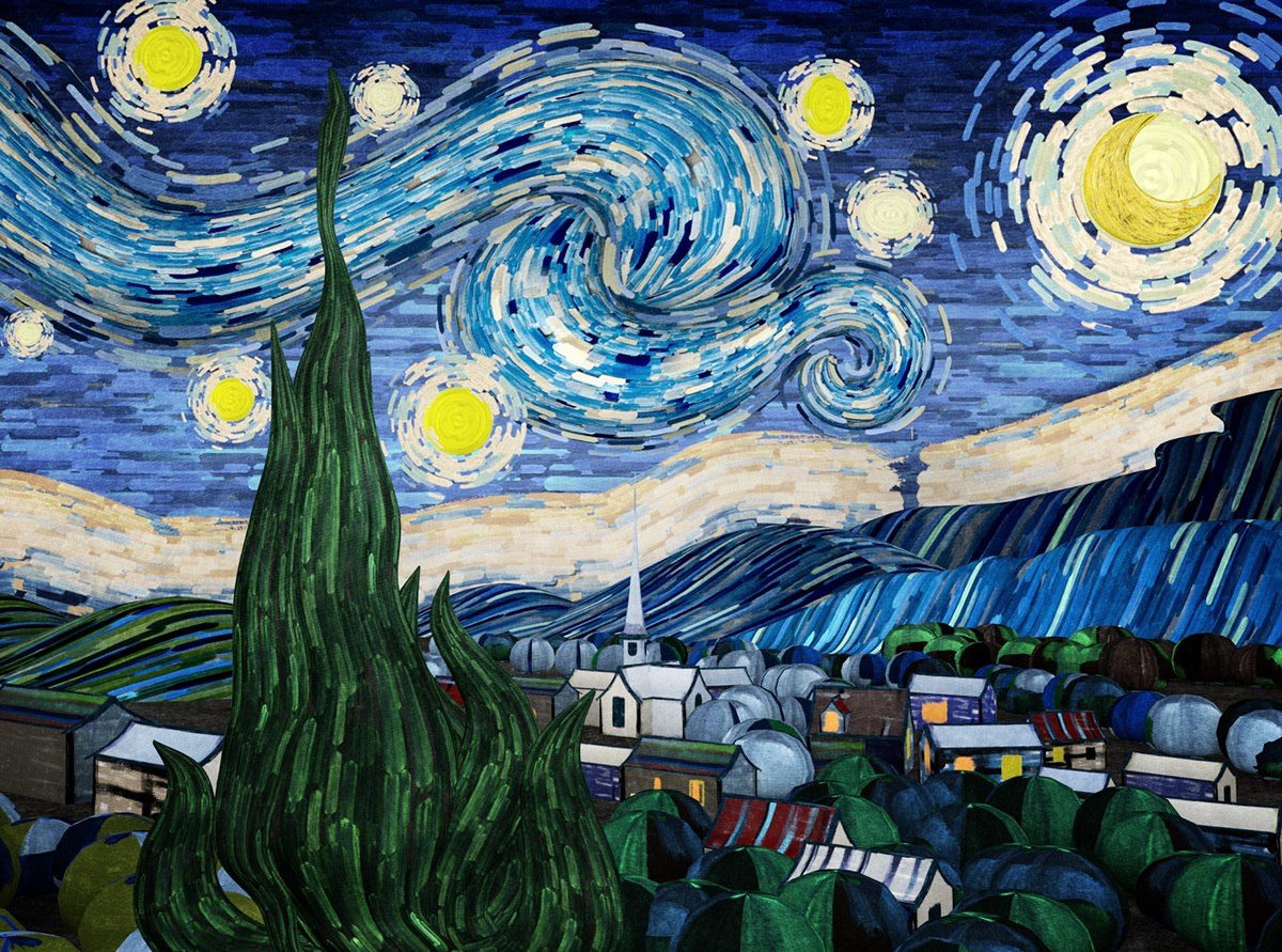 临摹梵高《星月夜》|纯艺术|绘画|易小木MU - 临摹作品 - 站酷 (ZCOOL)