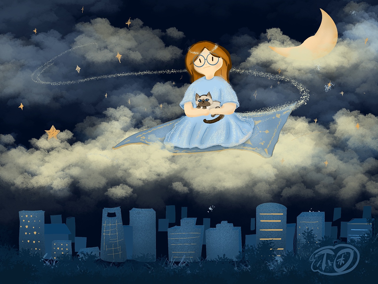和猫咪的飞毯旅行|插画|艺术插画|你好我叫田不困 - 原创作品 - 站酷