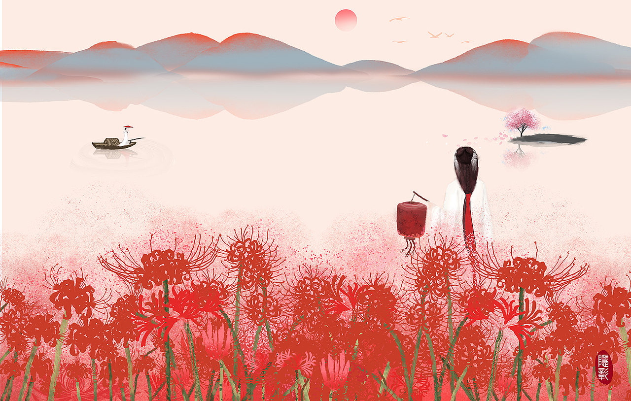 古风意境插画古建筑凉亭汉服女子春天桃花水墨山水