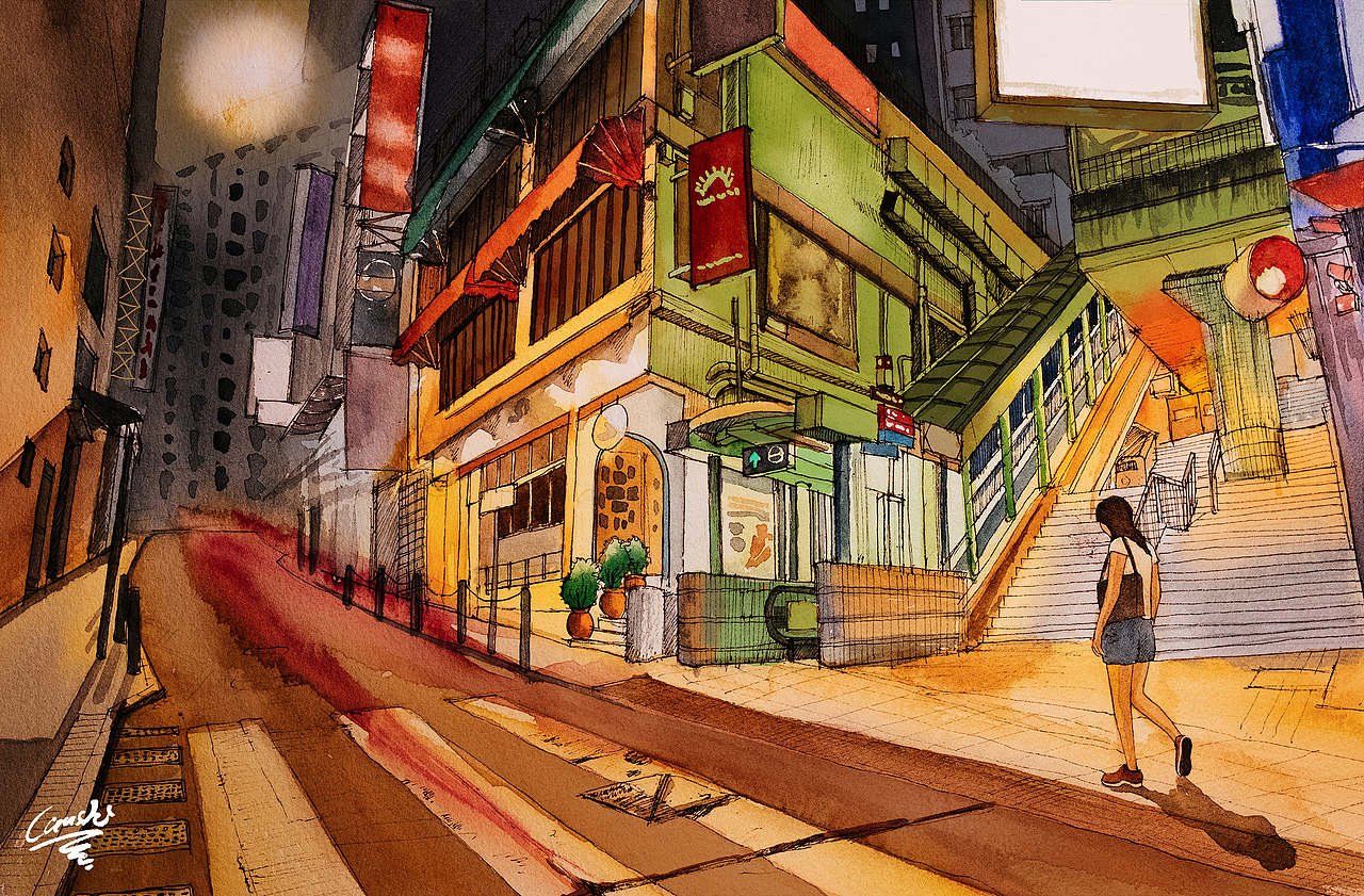 香港24节气爱情故事-水彩插画，香港街道（部分）
