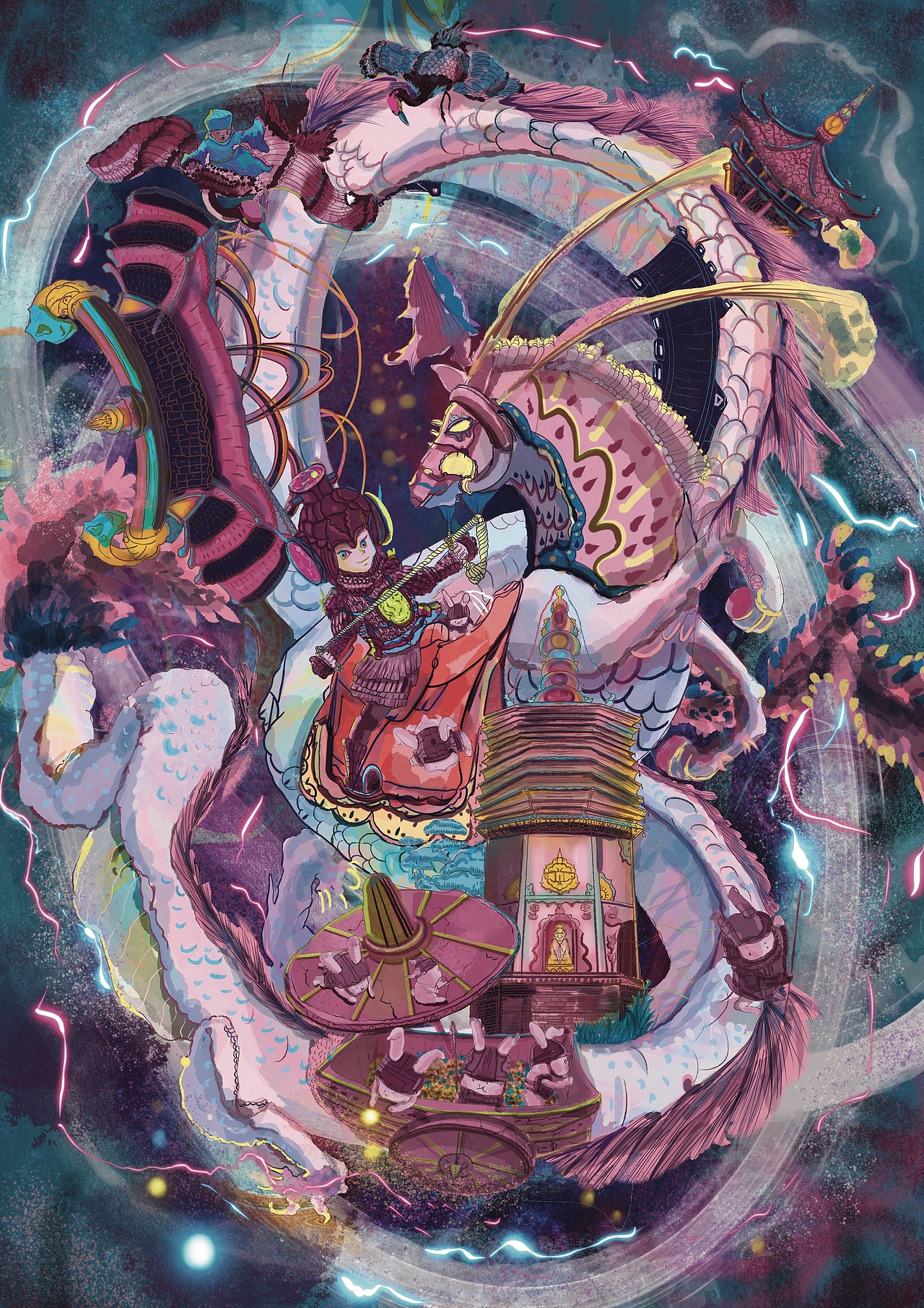 辽阳是我没有去过的城市,我知道她是东北最古老的城市之一,也许置身于这个城市之中,随处都有历史的沉淀。画面构构思:秦开骑龙马穿过太子河。魁星楼,白塔,广佑寺在龙马的背上出现,小兔子装满塔糖的车子,丁令威与仙鹤,乌拉草,油松,历史就像时空隧道。