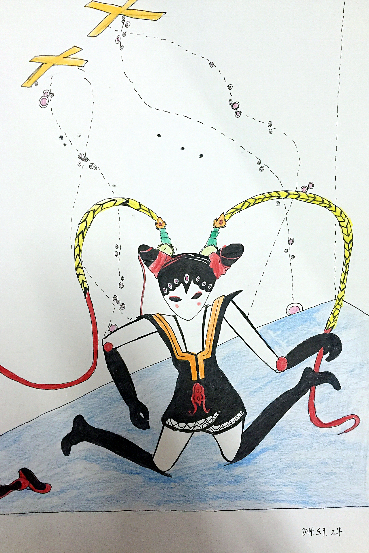 手绘彩铅提线木偶