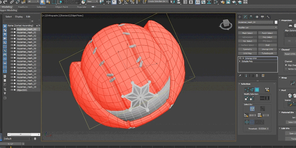 我们要给不同造型的花椒仔搭配上各样的装扮，对模型进行拓展UV如下图，从而进行后面贴图的绘制和材质。