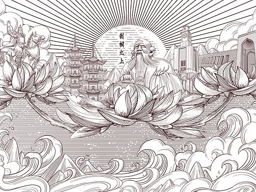 版画风格城市插画泉州—刺桐之上