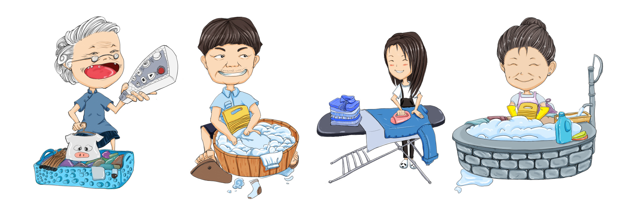 商业插画 洗衣服 全家总动员 晾衣服 原创|插画|商