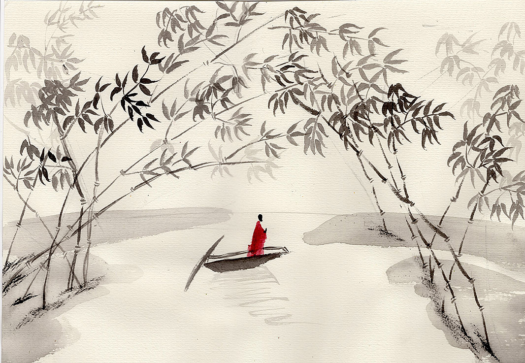 竹林船静谧时光安静禅意画