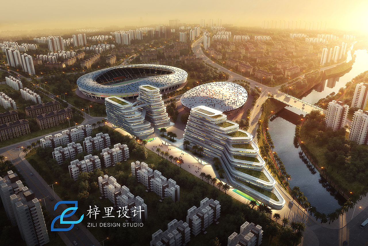 建筑表现三维效果图——逆光鸟瞰图