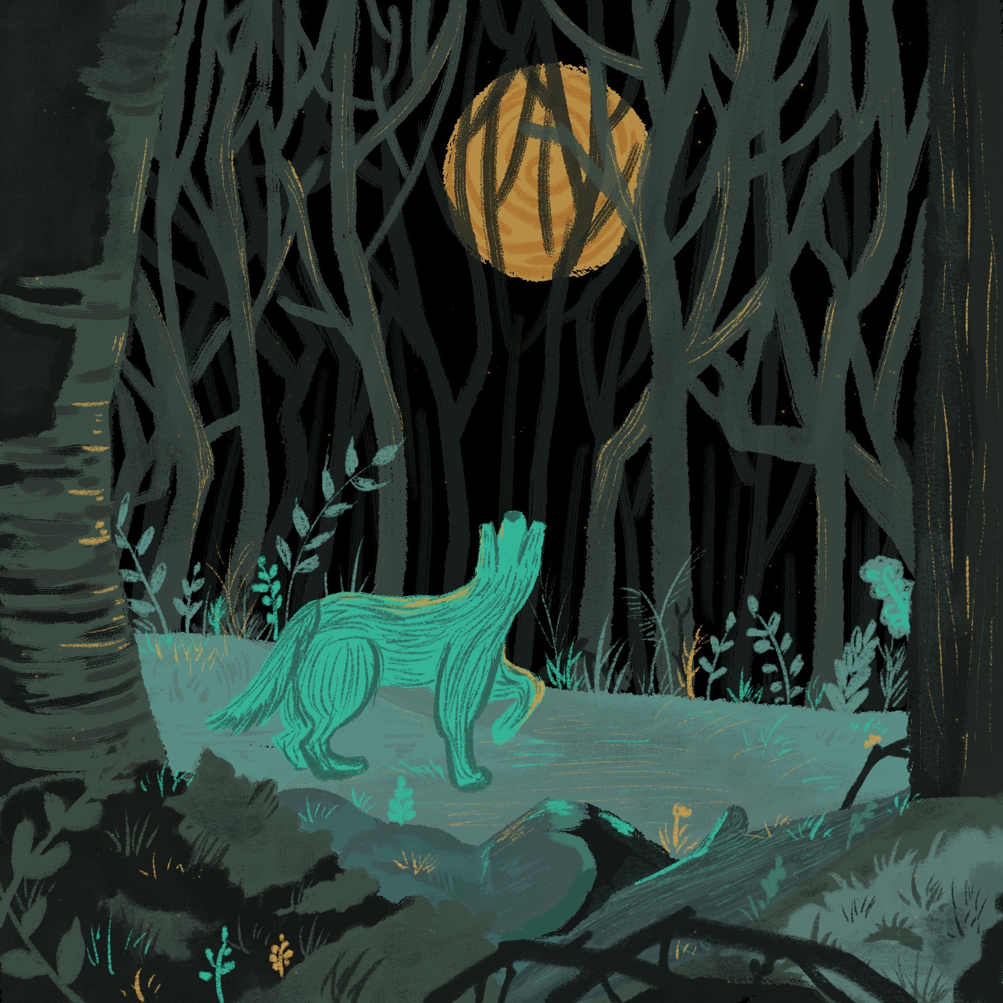 森林水彩画简单 夜晚图片