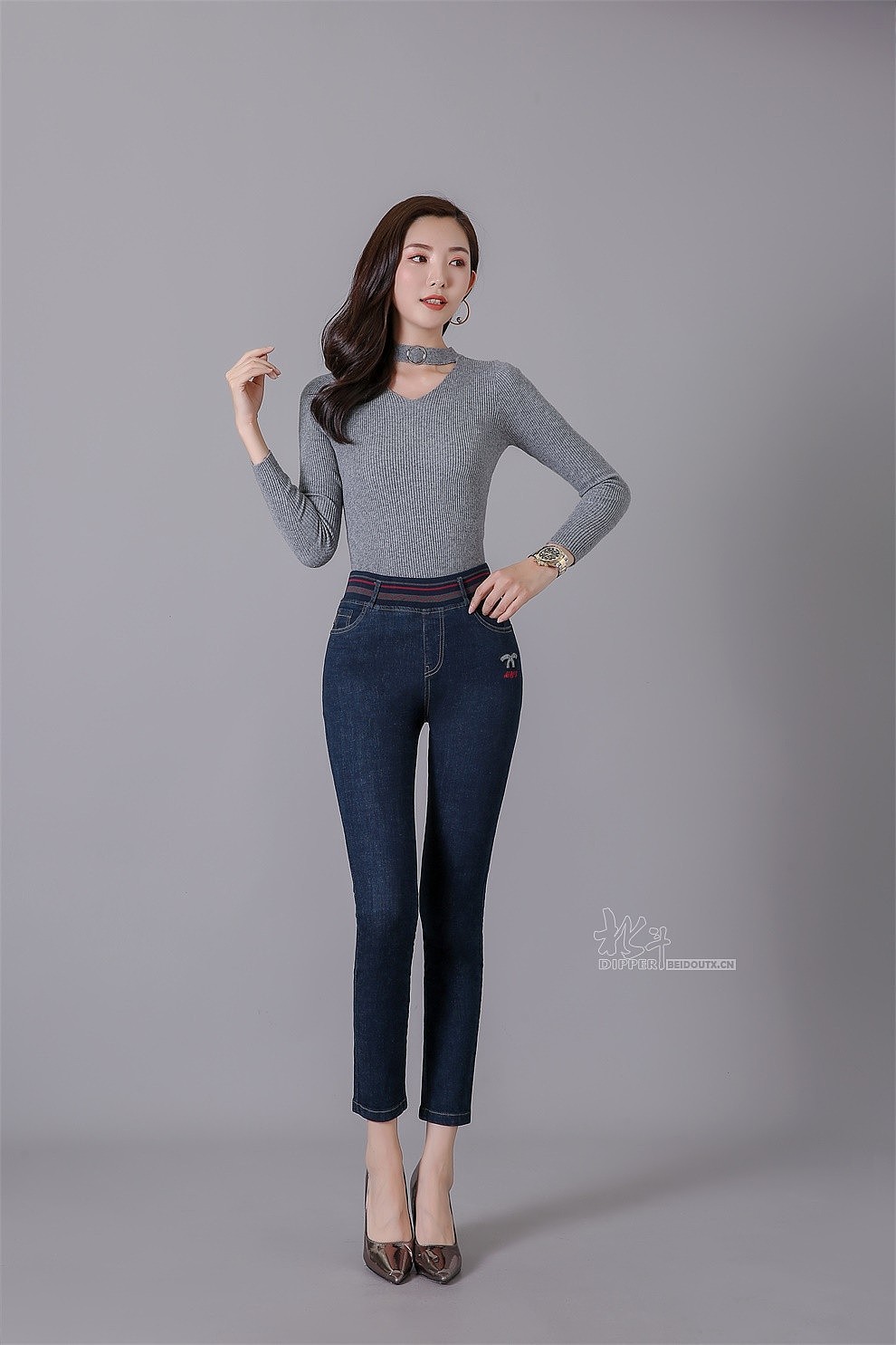模特天一牛仔裤拍摄模特摄影ol商务风直筒小脚裤拍摄