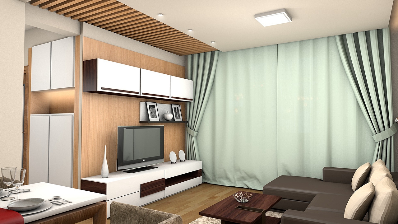 【客厅】木条吊顶——整个客厅的吊顶是两部分组成,木条跟石膏板,从上