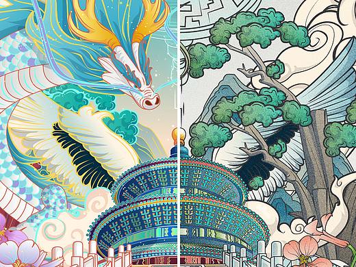 龙 -天坛 中国风插画 城市古典风