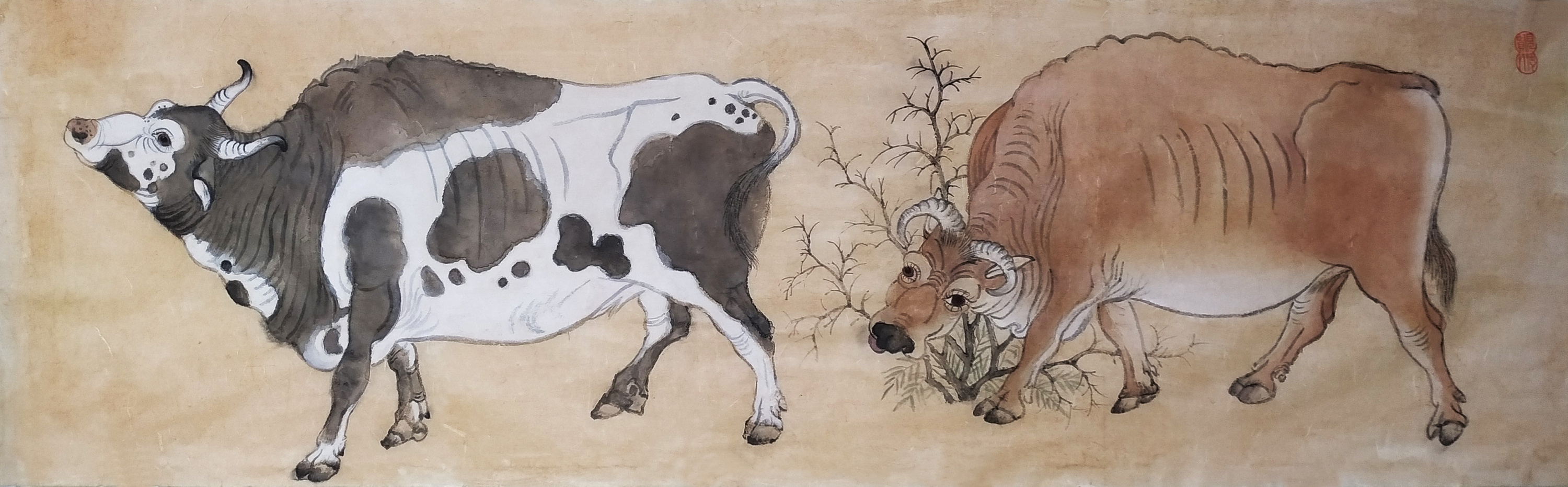 谷风日记:牛年画牛，国画动物画《牛气冲天》《牛转乾坤》，作品尺寸四尺横_兴艺堂