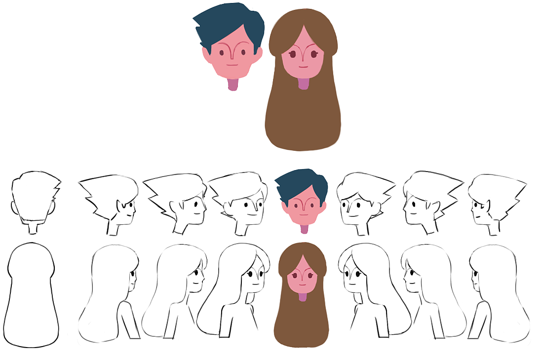 为人物绘制多角度的头像会帮助动画师们统一形体。
动画中的监修负责着不让观众出戏。我们是在木木那边做好了关键帧后拿到工程文件大概修一下再返还给他们。<br>在这里再吹下揽动画大头的木木团队~