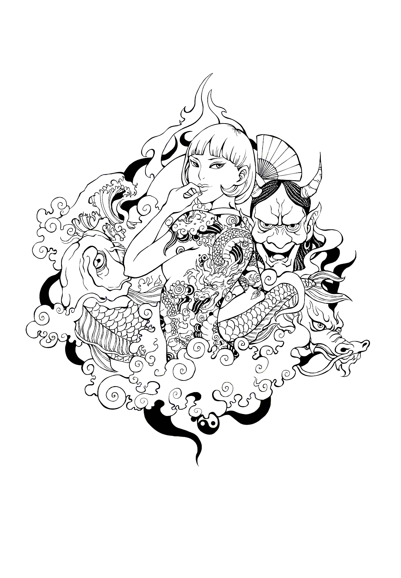 2014年3月11日画,日式纹身线稿