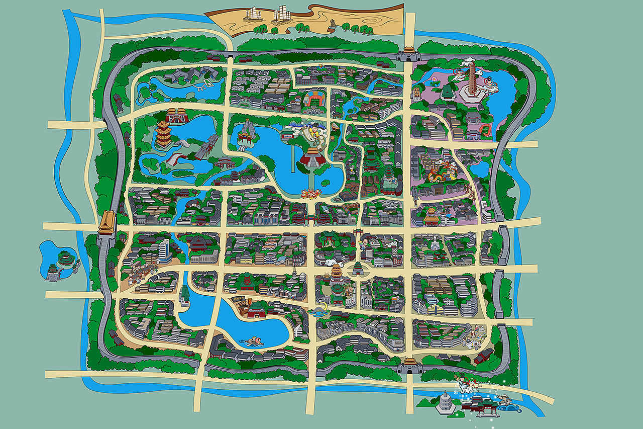 开封汴梁四厢二十坊漫画手绘地图文创系列