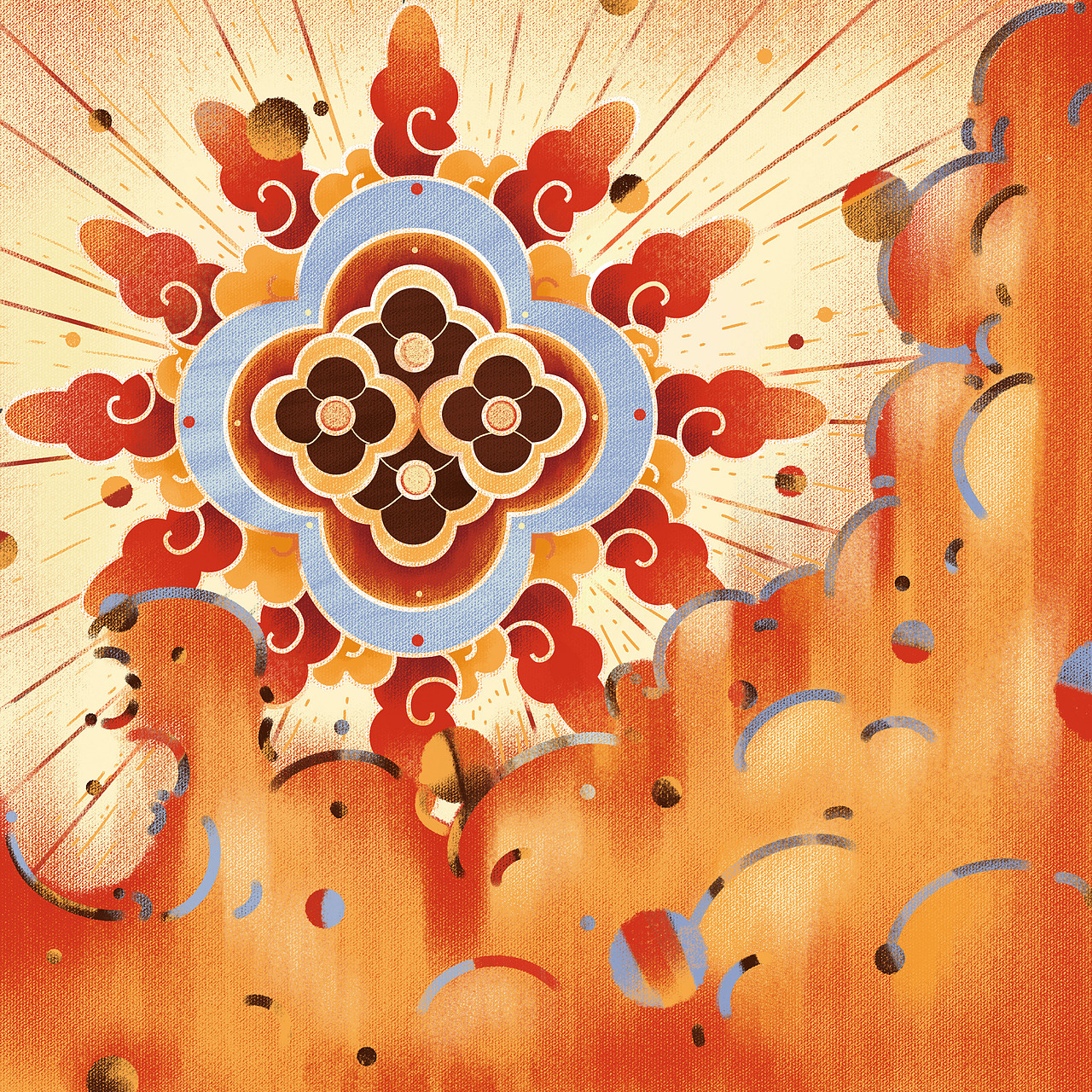 瑶族人崇尚自然界的力量,太阳是自然界的力量之源、生命之源,将图案当做太阳,配以云团,以点线为背景作为光点光线散落,寓意信仰如太阳散落大地,给予瑶族人力量。