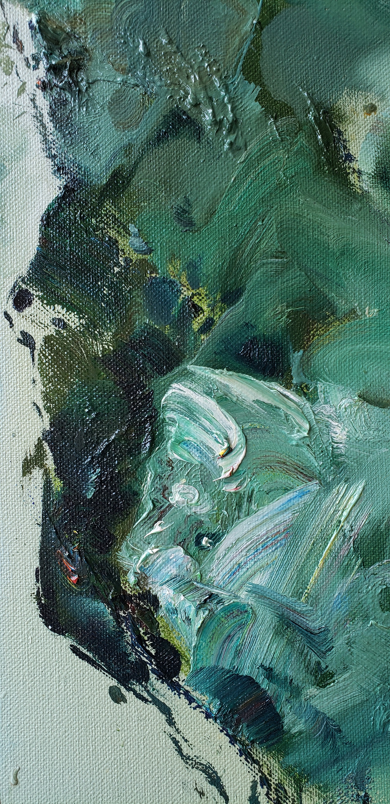 写意油画山水瀑溪访道图