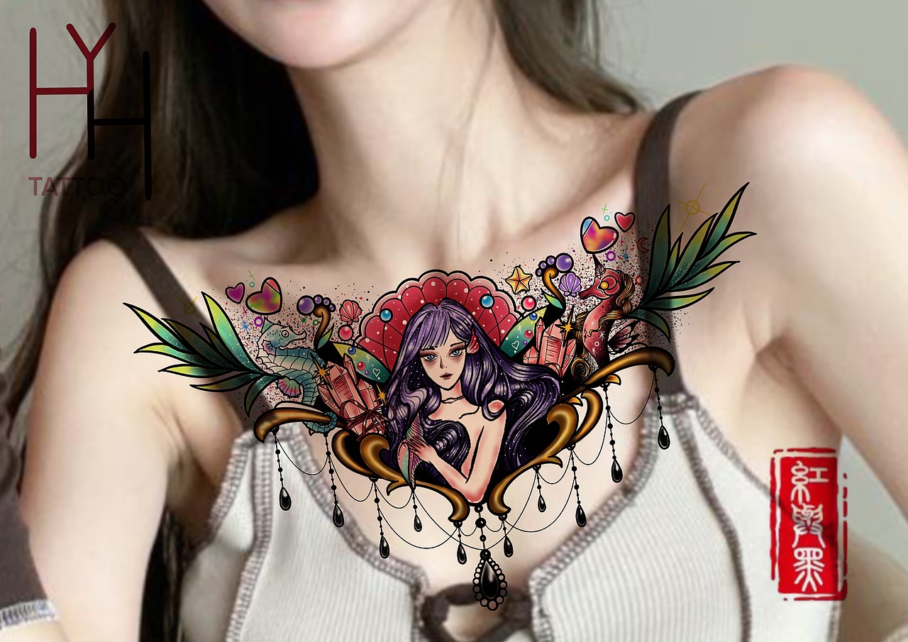 海洋公主花胸纹身手稿