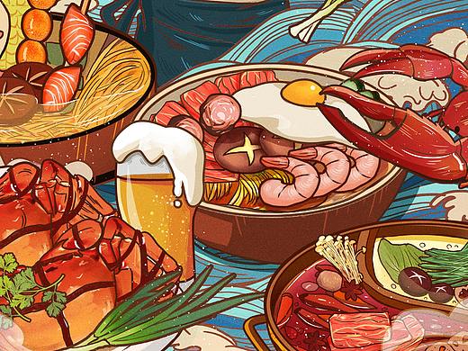 深夜食堂美食串串麻辣烫拉面小龙虾啤酒寿司插画