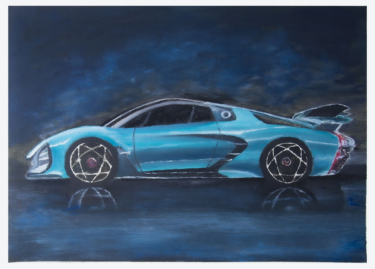 油画临摹梵高星空红旗轿车乡村