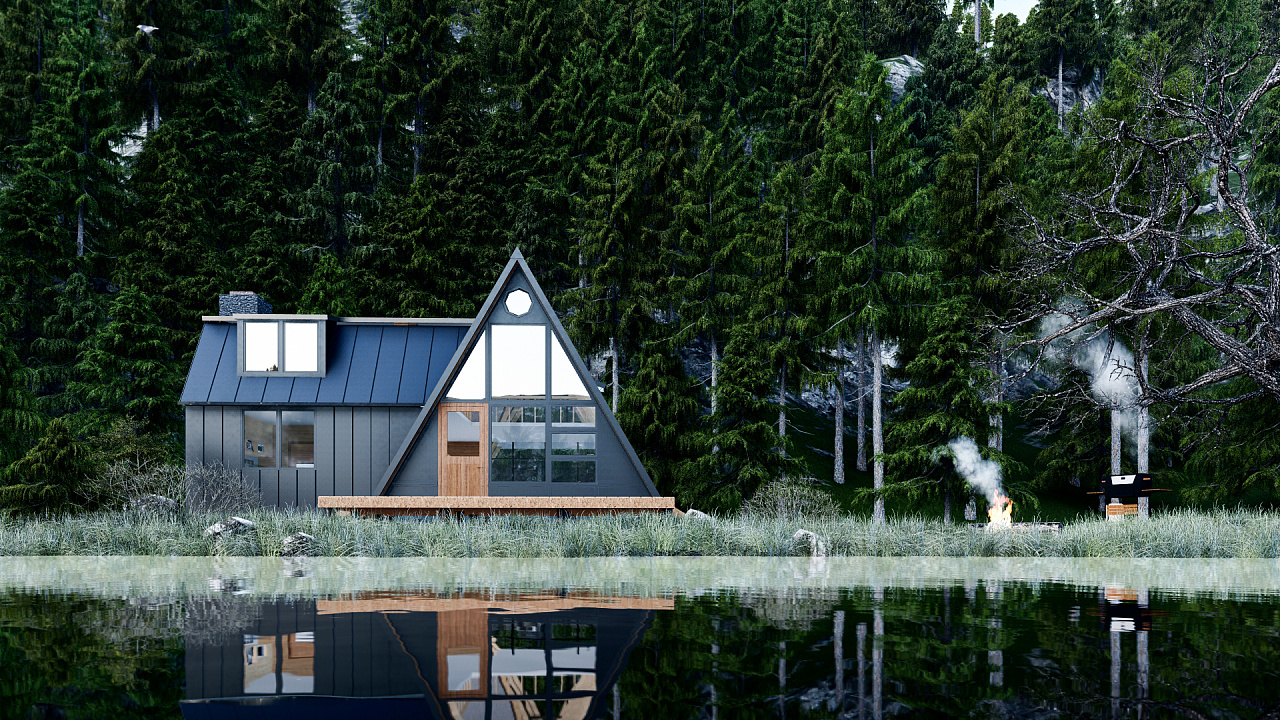 lumion湖景小木屋效果图