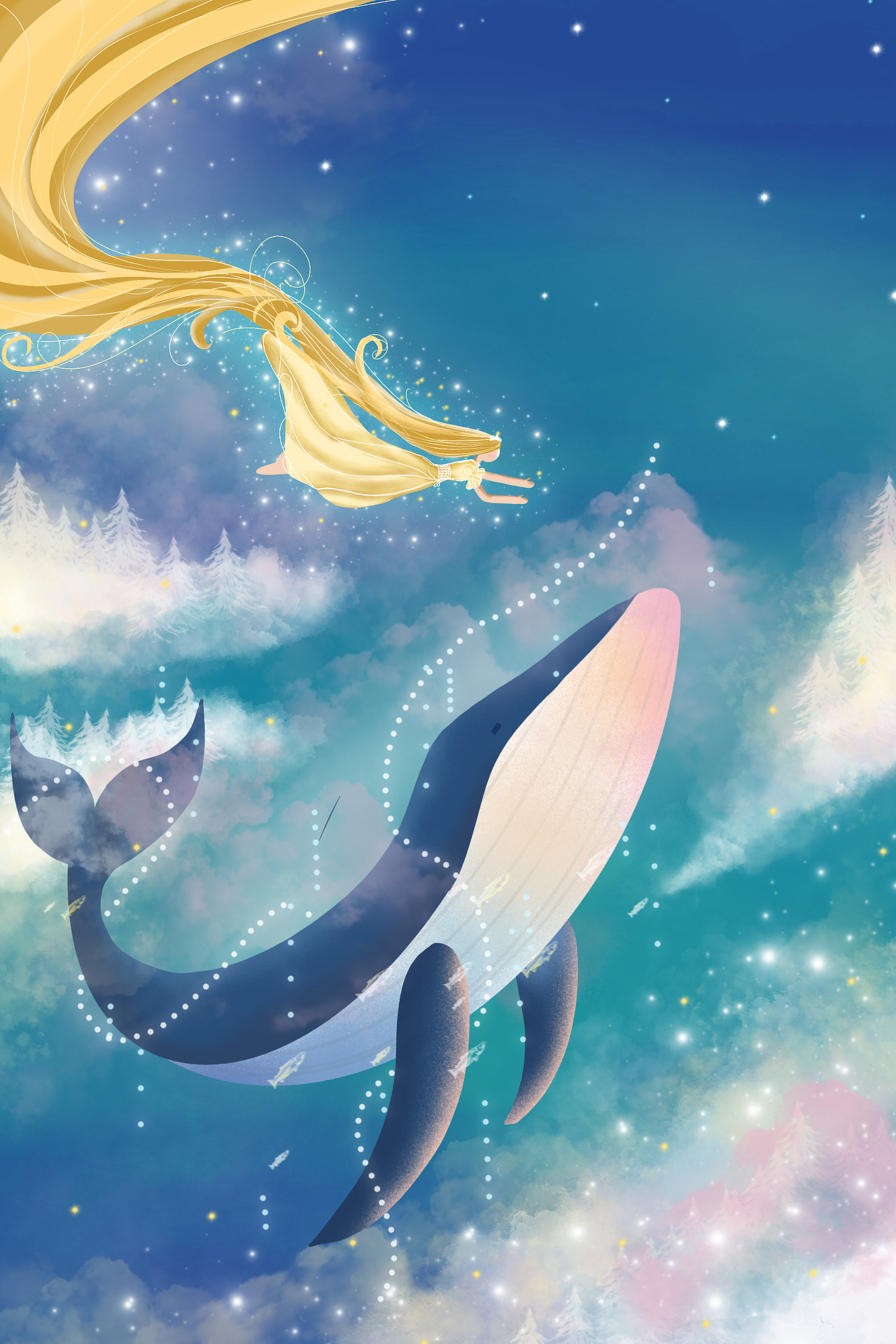 梦幻鲸鱼公主日系清新星空插画手机壁纸