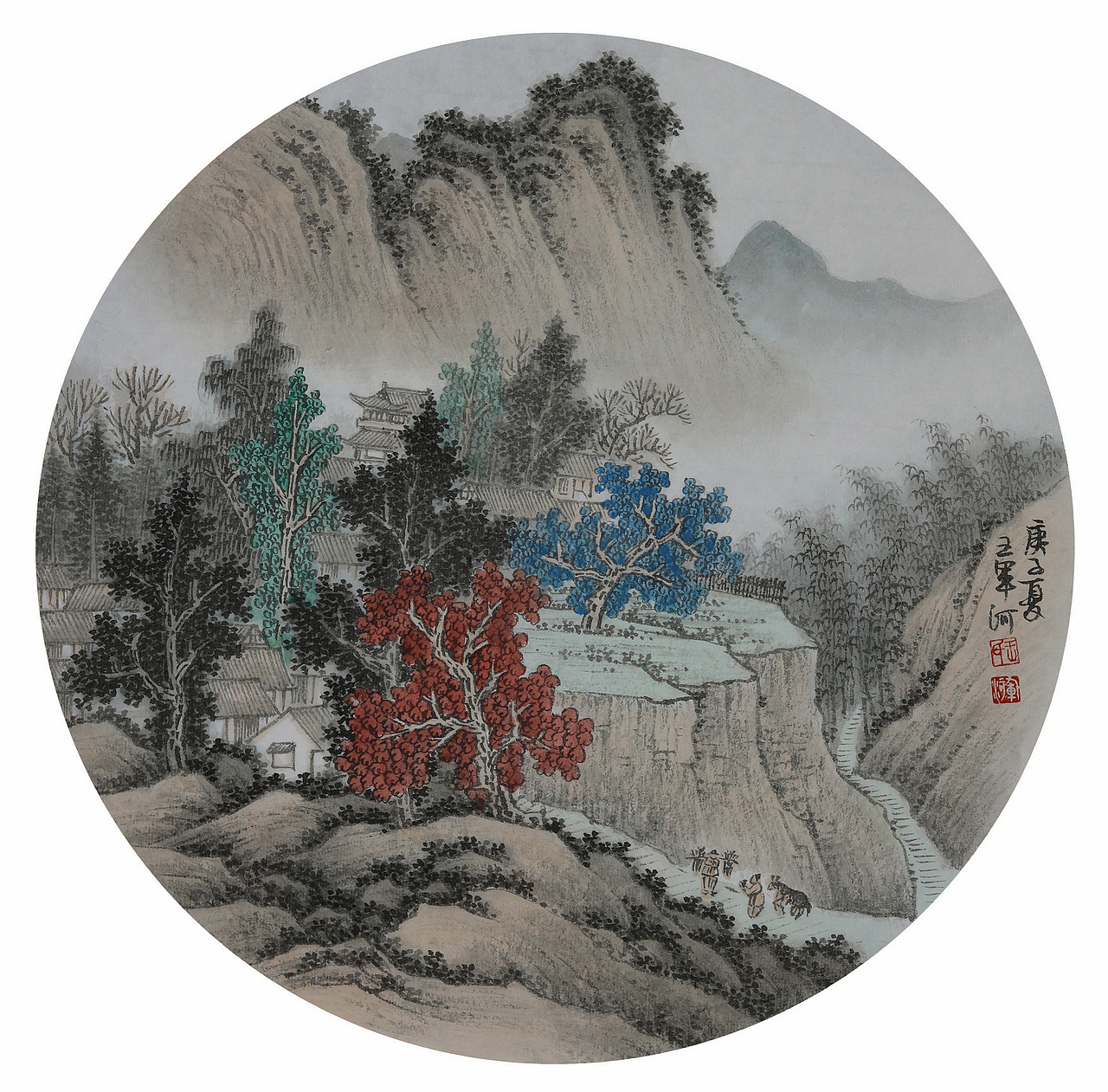 国画山水团扇 青绿山水画家王军河作品
